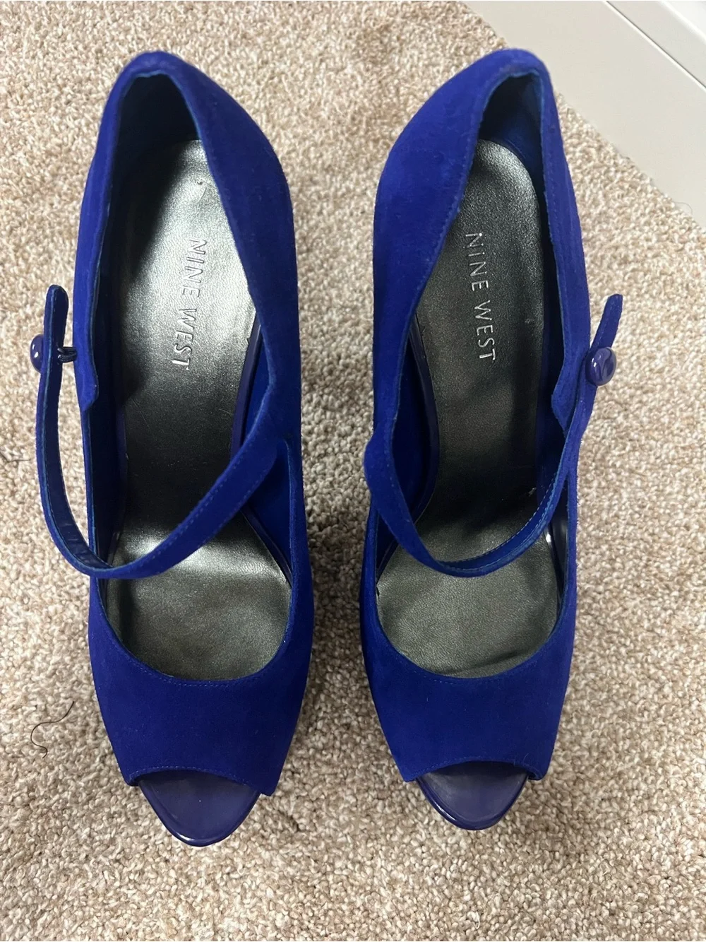 Nine West Royal Blue Suede Peep Toe Mary Jane Heels